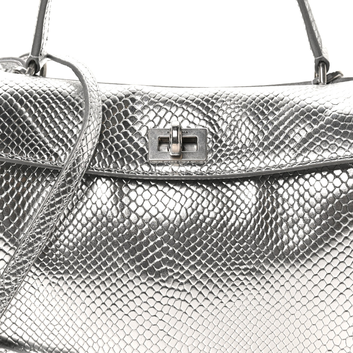 Metallic Calfskin Snakeskin Embossed Mini Rodeo Top Handle Handbag Silver