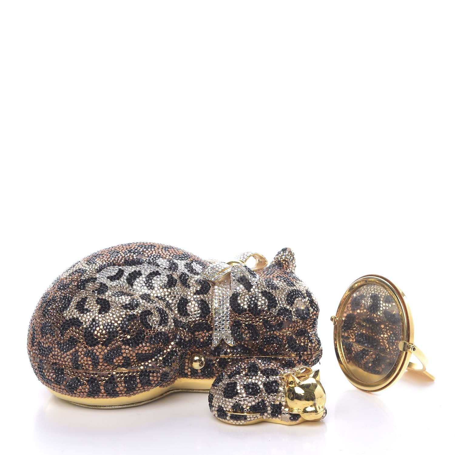 Judith Leiber Swarovski Crystal Leopard Sleeping Cat Minaudiere Clutch Gold Multicolor 3 of 15
