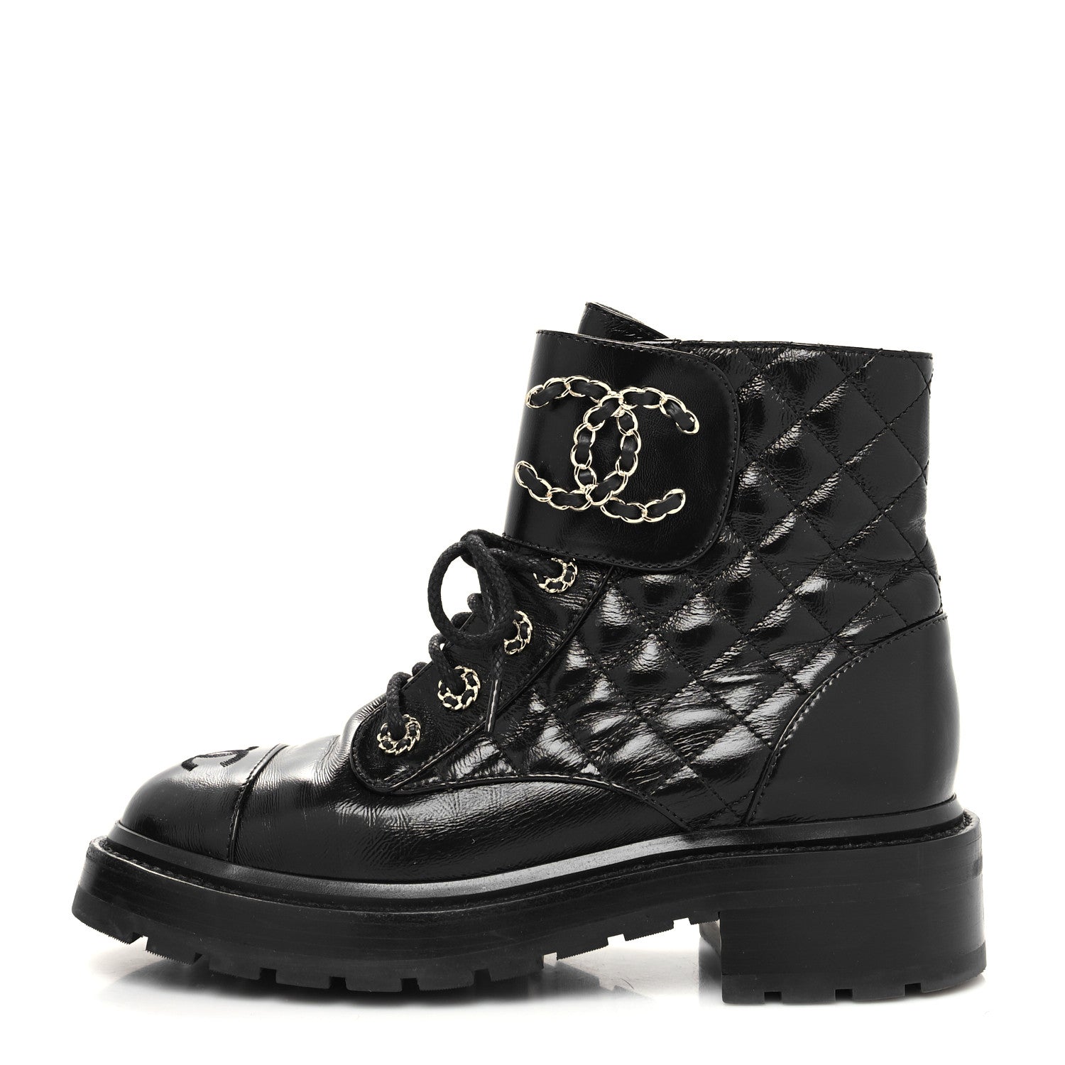 Chanel Shiny Goatskin Calfskin Quilted Lace Up Combat Boots 37 Black 1 of 9