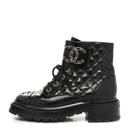 Chanel Shiny Goatskin Calfskin Quilted Lace Up Combat Boots 37 Black 1 of 9