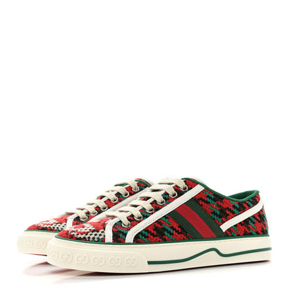 Gucci Cotton Wool Web Houndstooth Interlocking G Womens 1977 Tennis Sneakers 35 Red Green 3 of 8