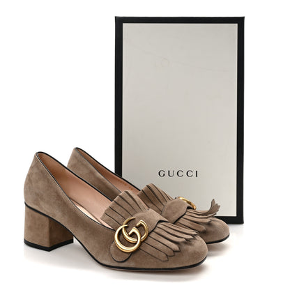 Gucci Kid Scamosciato GG Marmont Fringe 50mm Loafer Pumps 38 Taupe 9 of 9