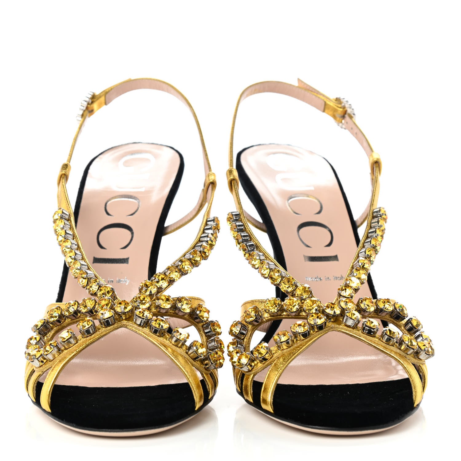 Gucci Velvet Nappa Crystal Zephyra Slingback High Heel Sandals 41 Black Gold 2 of 7