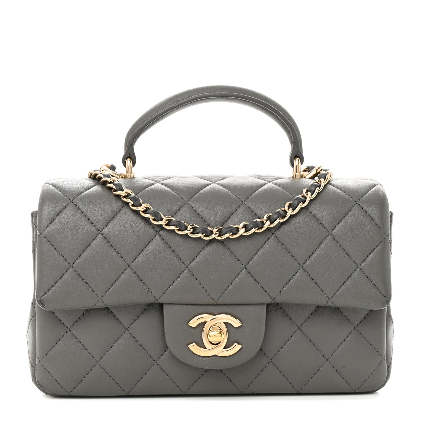 Lambskin Quilted Mini Top Handle Rectangular Flap Dark Grey