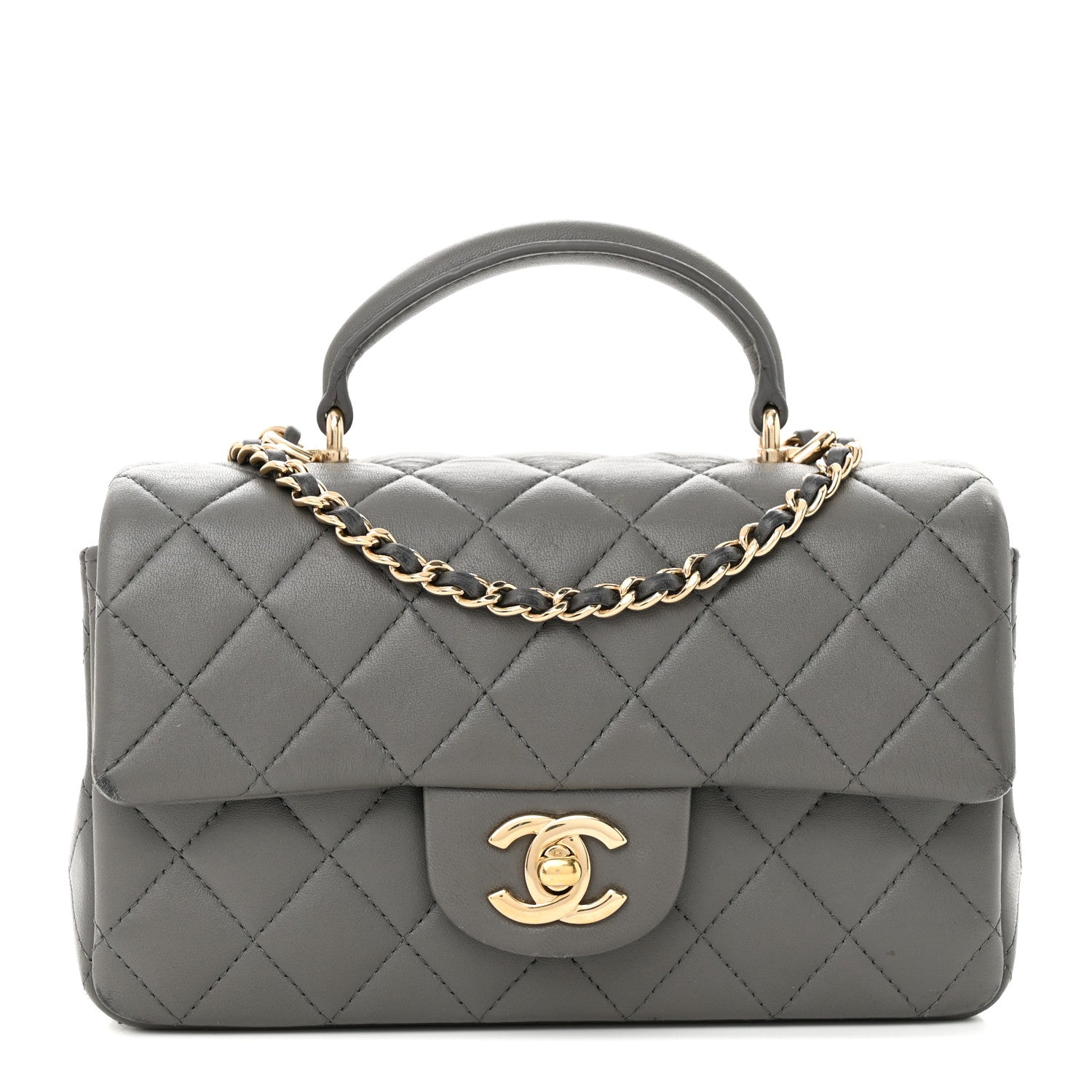 Chanel Lambskin Quilted Mini Top Handle Rectangular Flap Dark Grey 1 of 15