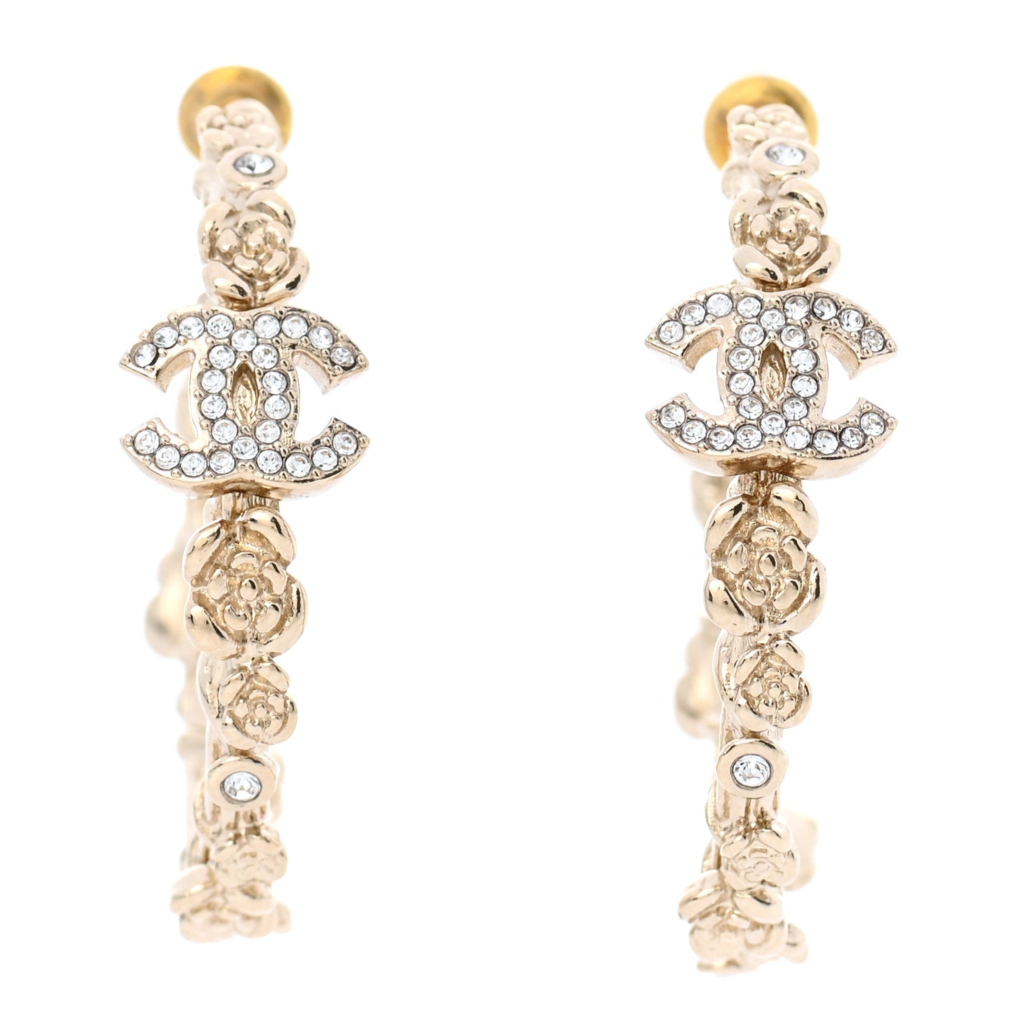 Chanel Crystal Camellia CC Hoop Earrings Gold 1 of 6