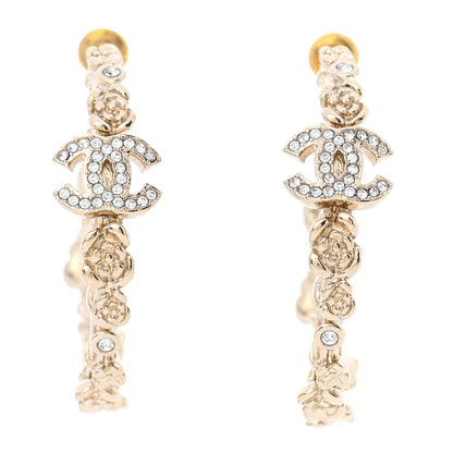 Chanel Crystal Camellia CC Hoop Earrings Gold 1 of 6