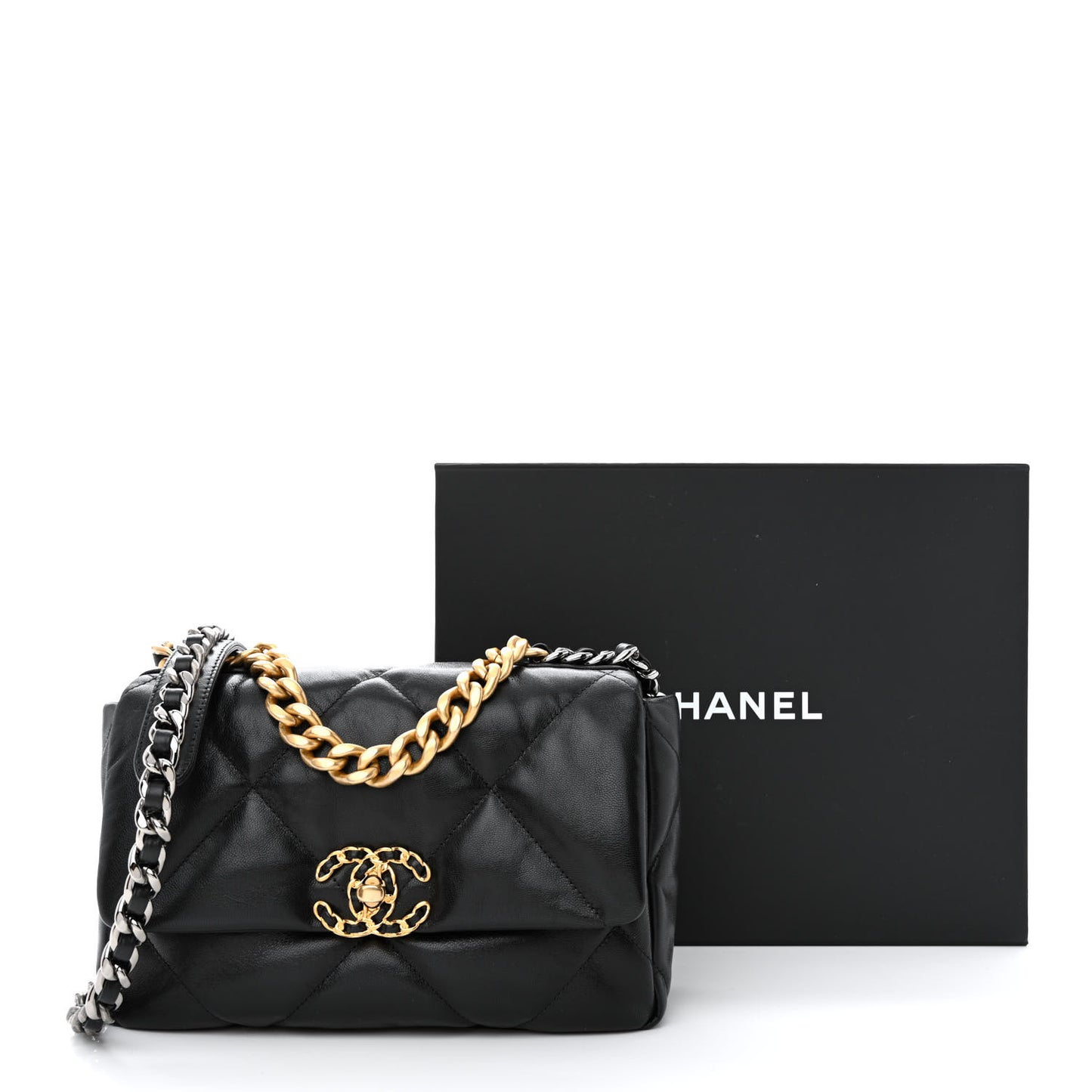 Shiny Goatskin Quilted Medium Chanel 19 Flap Black