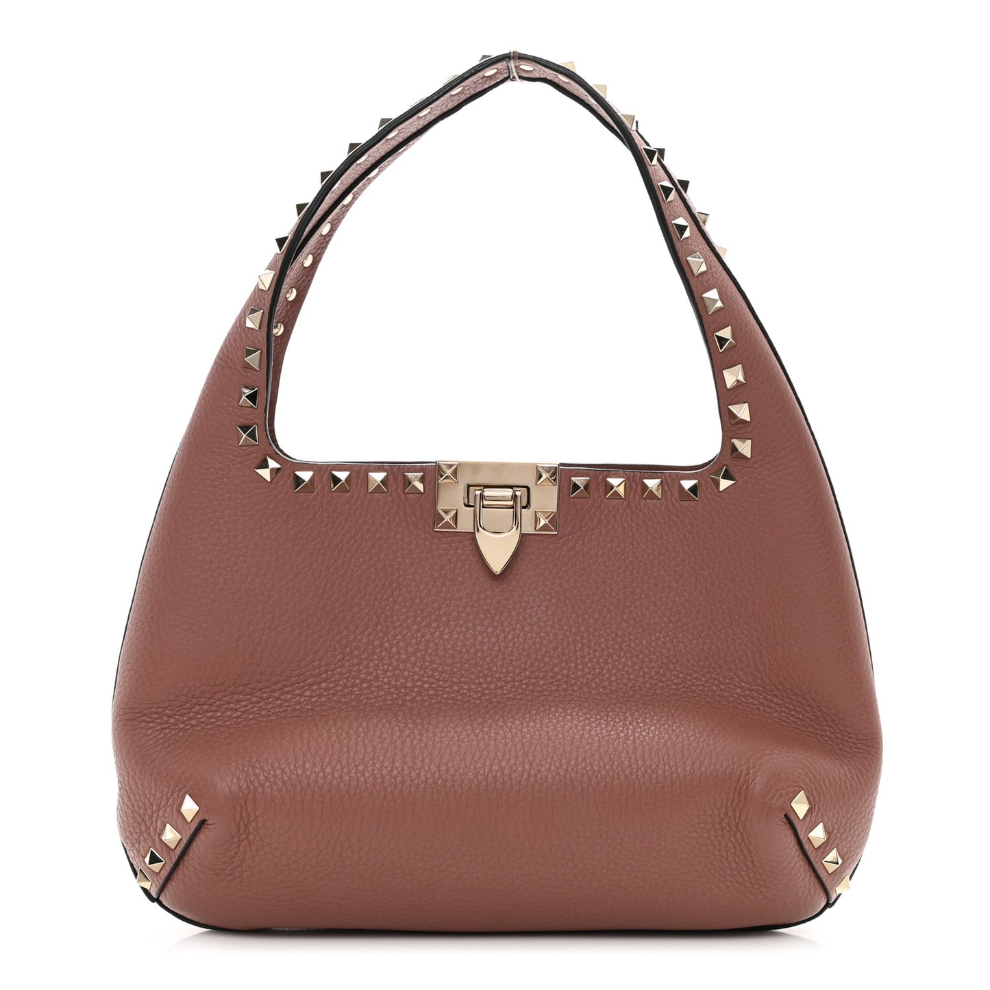 Pebbled Calfskin Small Rockstud Flip Lock Hobo Dark Nude