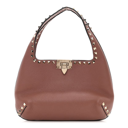 Valentino Garavani Pebbled Calfskin Small Rockstud Flip Lock Hobo Dark Nude 1 of 7