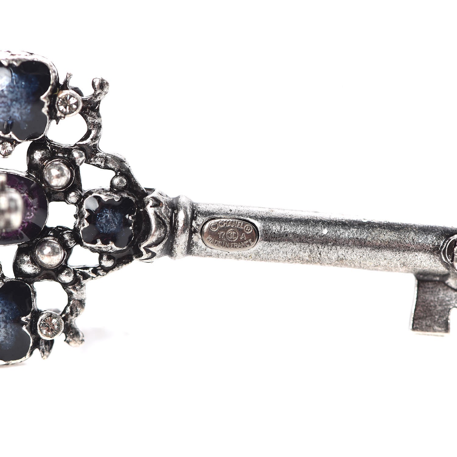 Chanel Gripoix Poured Glass Crystal Key Brooch Blue Purple 4 of 4
