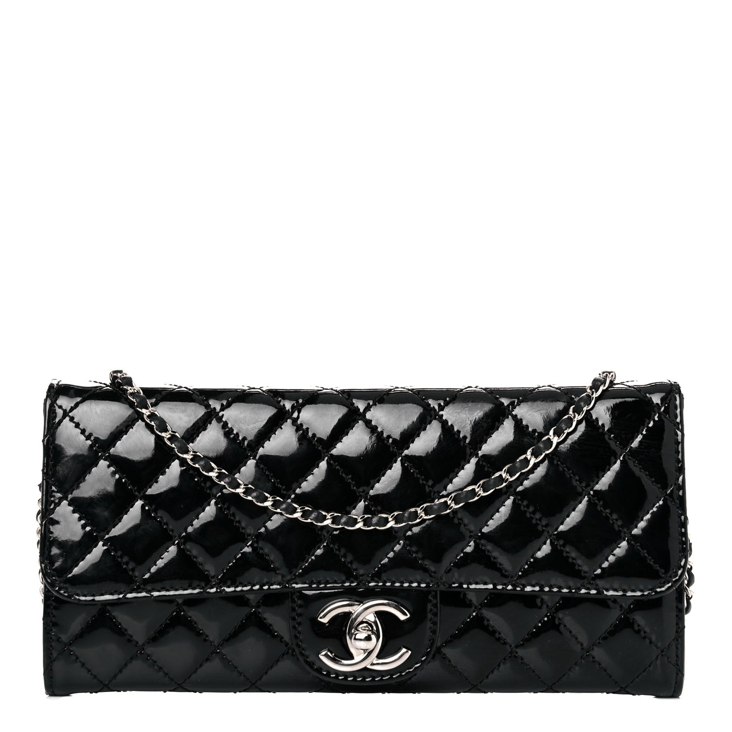 Patent Calfskin Quilted Brilliant East West Flap Clutch Black