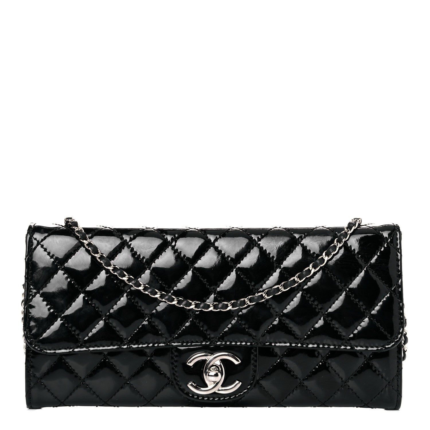 Chanel Patent Calfskin Quilted Brilliant East West Flap Clutch Black 1 of 14