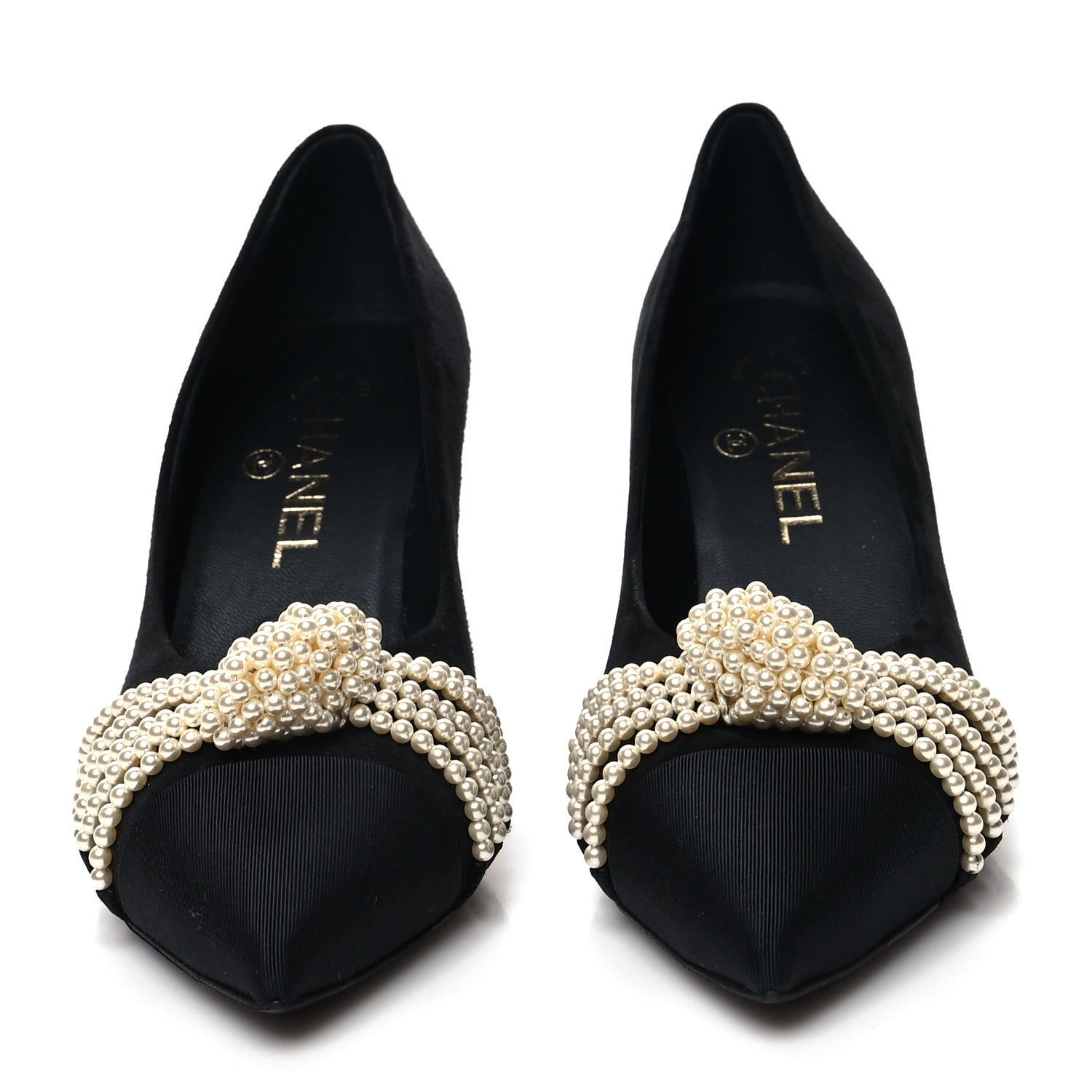 Chanel Suede Pearl Grosgrain Pumps 36.5 Black 2 of 9