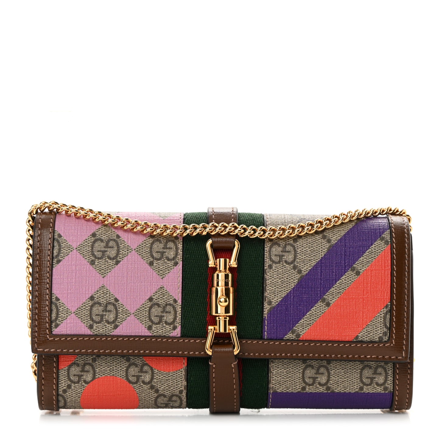 GG Supreme Monogram Geometric Web Jackie 1961 Chain Wallet Beige Multicolor Brown Sugar