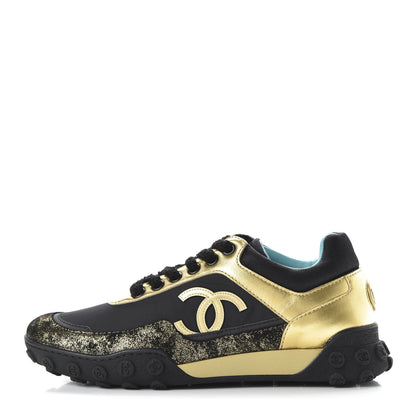 Chanel Metallic Lambskin Satin Finish Womens CC Sneakers 36 Black Gold 1 of 9
