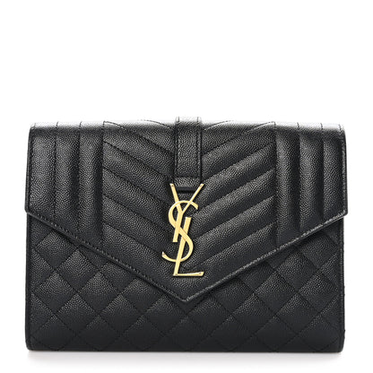 Saint Laurent Grain De Poudre Textured Mixed Matelasse Triquilt Monogram Clutch Black 1 of 8
