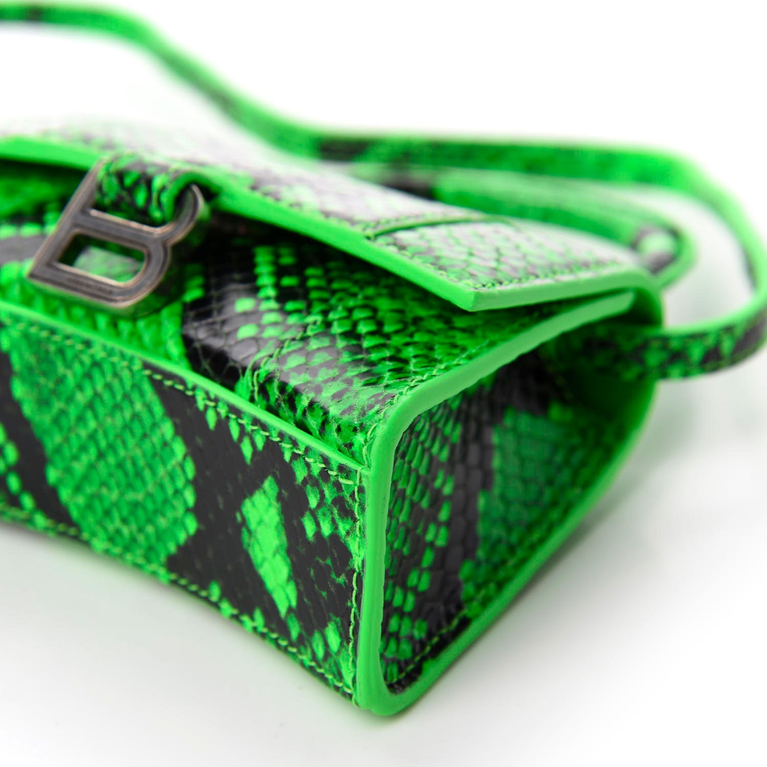 Balenciaga Shiny Calfskin Python Effect Hourglass Top Handle Bag Mini Fluo Green Black 7 of 10