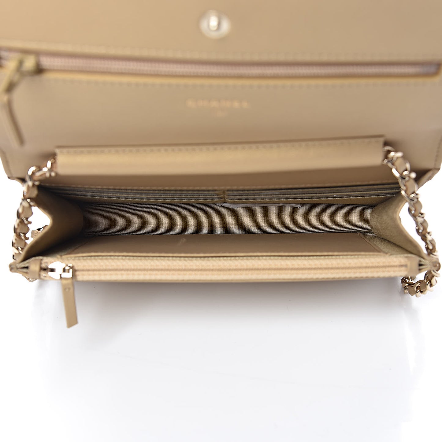 Metallic Lambskin Quilted Wallet On Chain WOC Gold