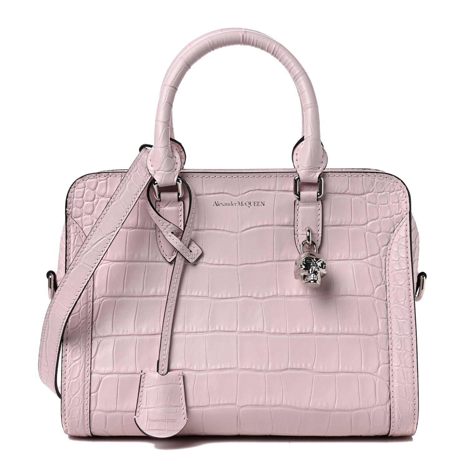 Alexander McQueen Calfskin Crocodile Embossed Small Skull Padlock Zip Around Tote Pink 1 of 7