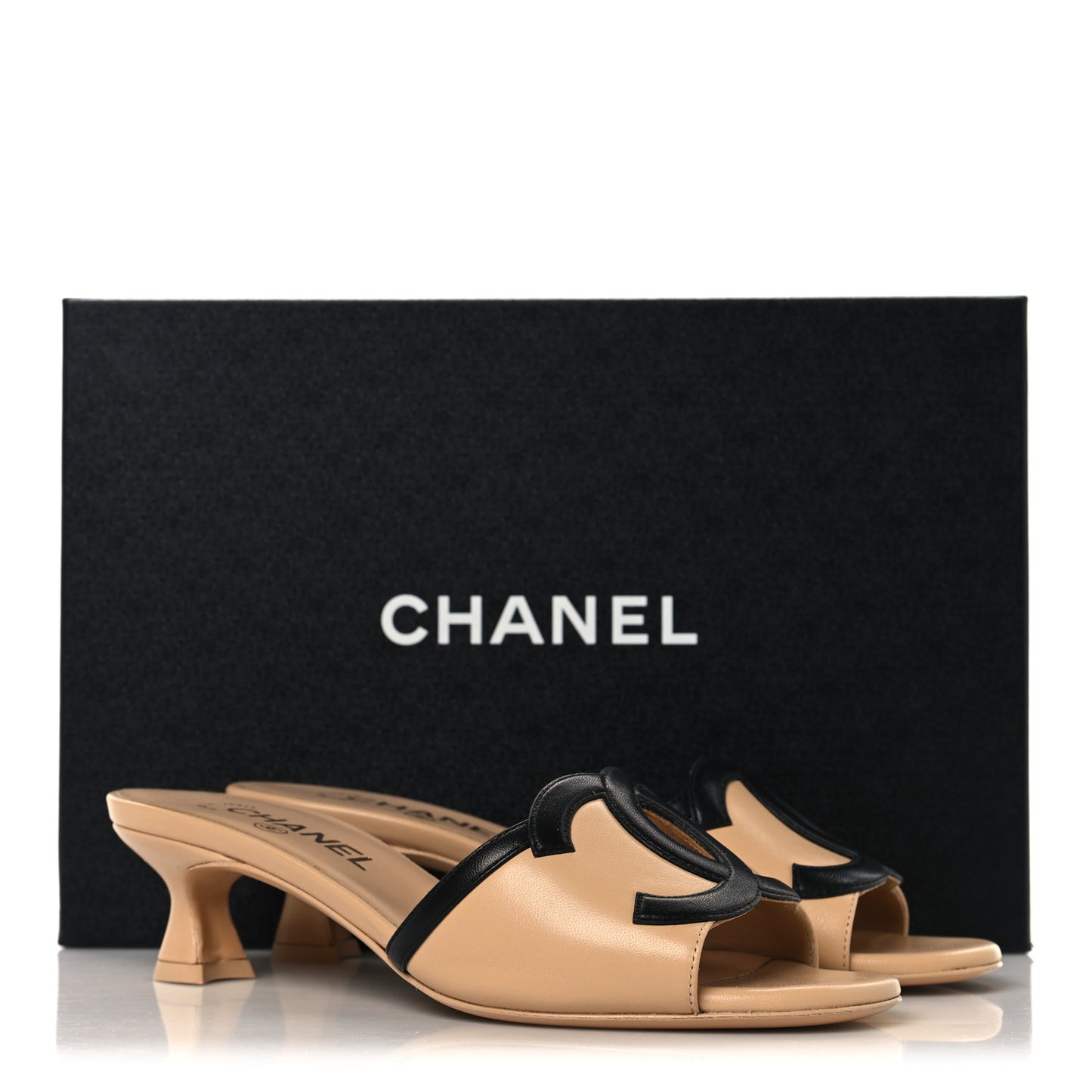 Lambskin CC Cutout Mules 37.5 Beige Black