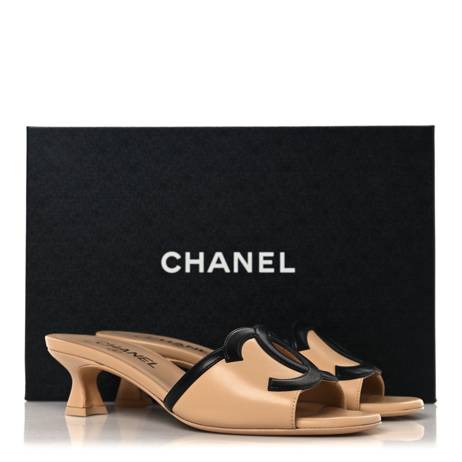 Chanel Lambskin CC Cutout Mules 37.5 Beige Black 11 of 11