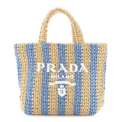 Prada Yarn Raffia Effect Crochet Striped Small Logo Tote Naturale Celeste 1 of 10