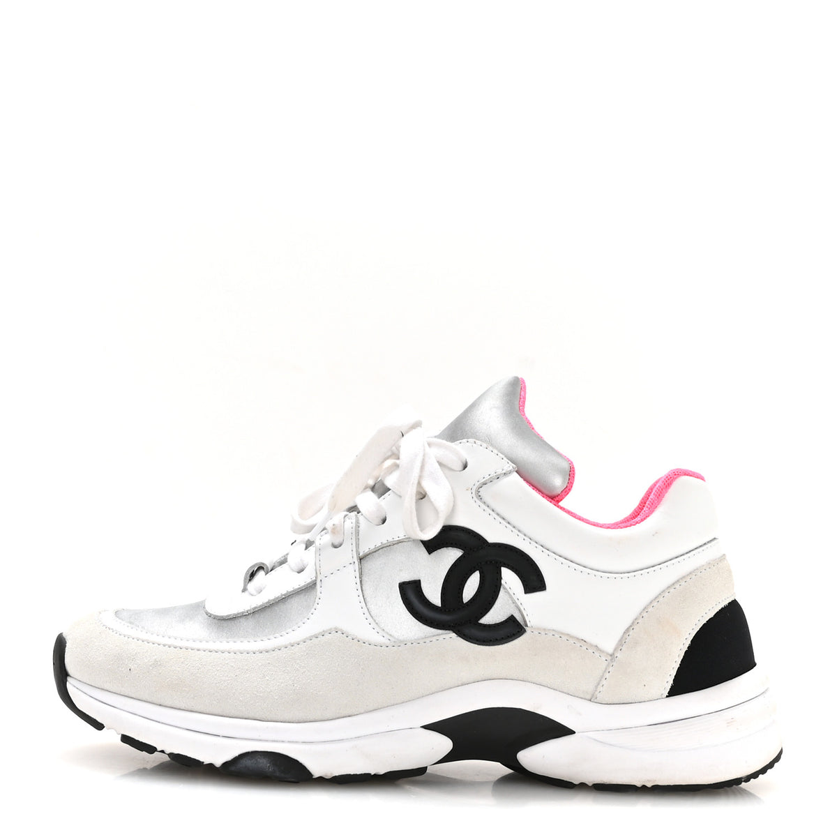 Calfskin Fabric Sneakers 37.5 White Silver Fluo Pink