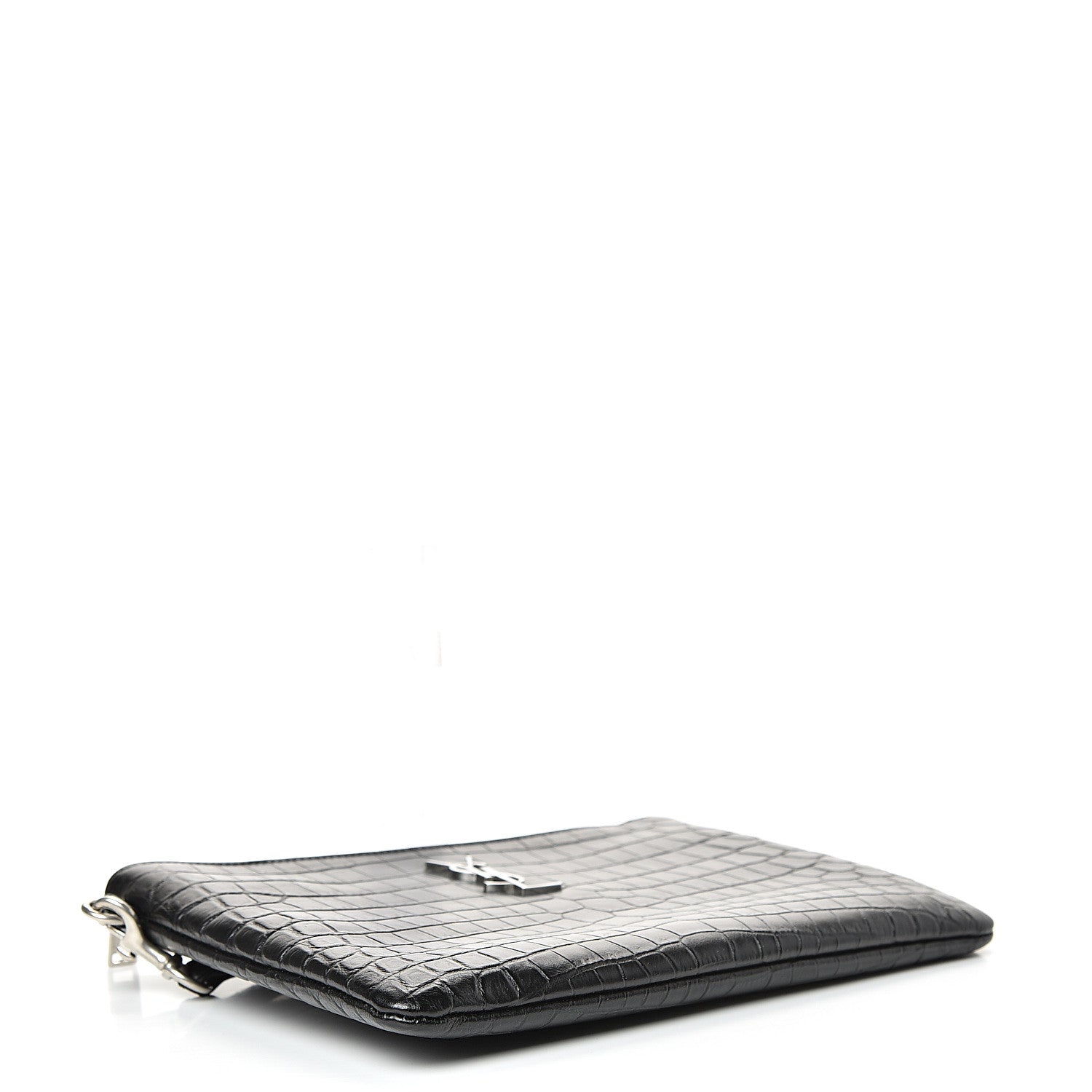 Saint Laurent Calfskin Crocodile Embossed Monogram Zip Pouch Black 3 of 7