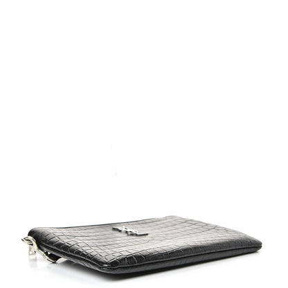 Saint Laurent Calfskin Crocodile Embossed Monogram Zip Pouch Black 3 of 7