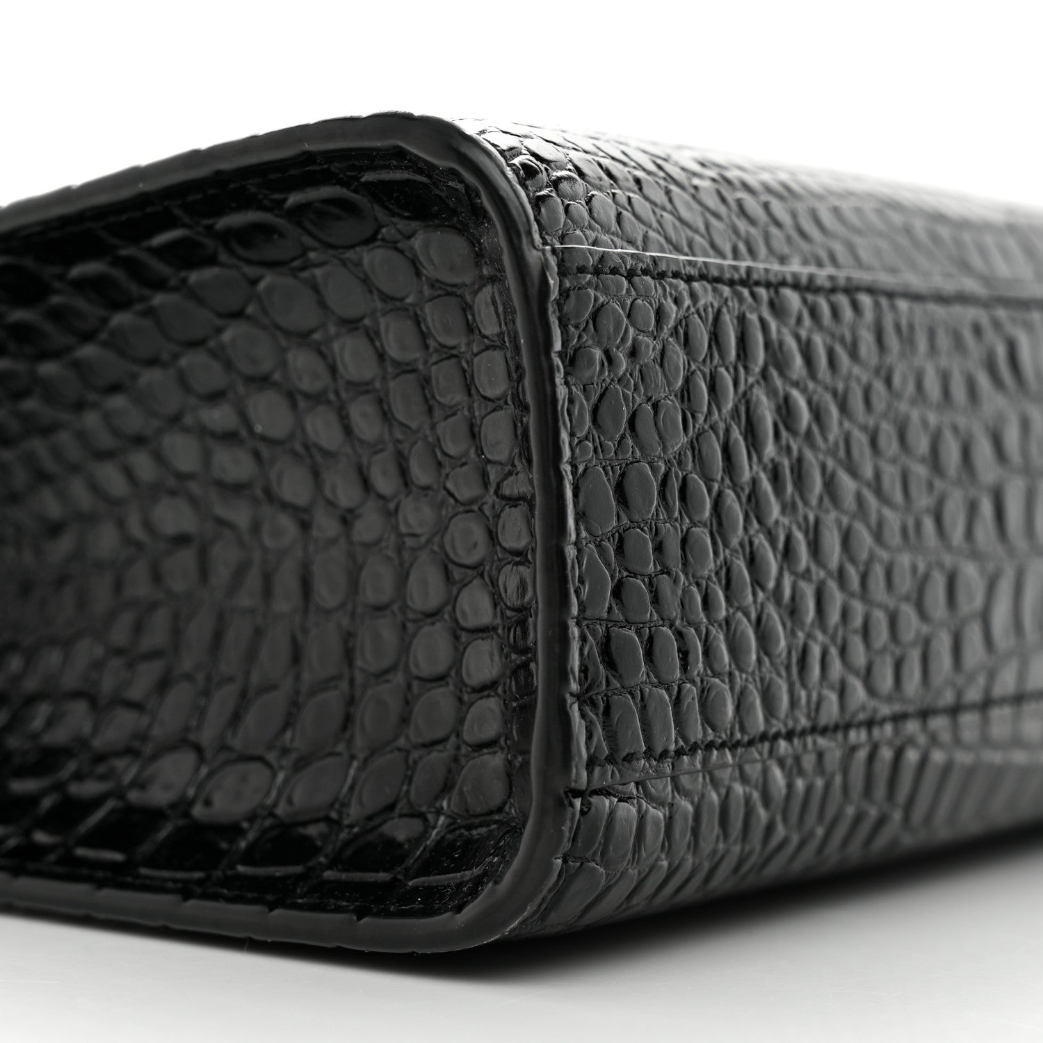 Saint Laurent Shiny Calfskin Crocodile Embossed Manhattan Baguette Black 9 of 12