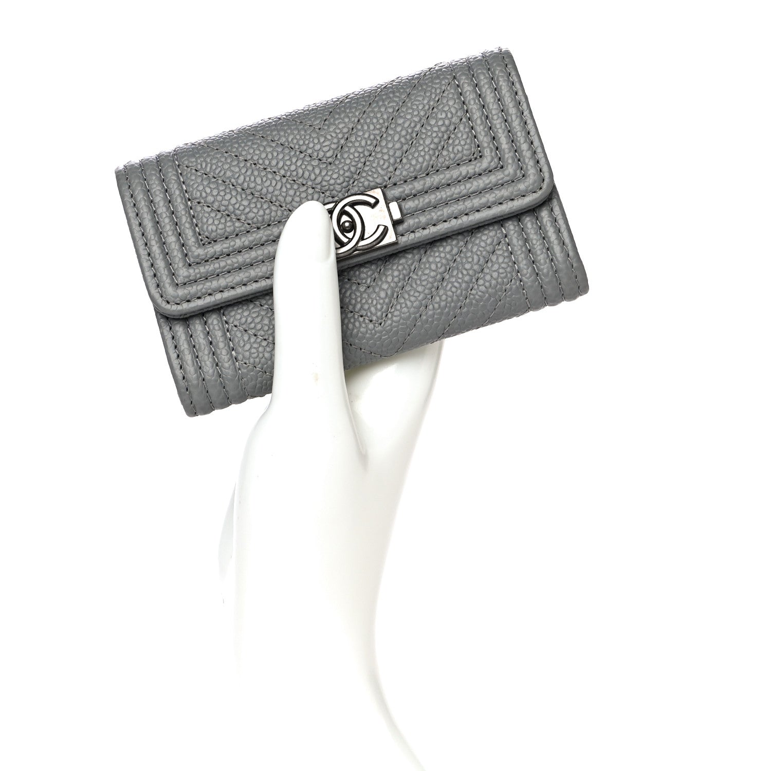Chanel Caviar Chevron Quilted Boy Card Holder Grey 2 of 13