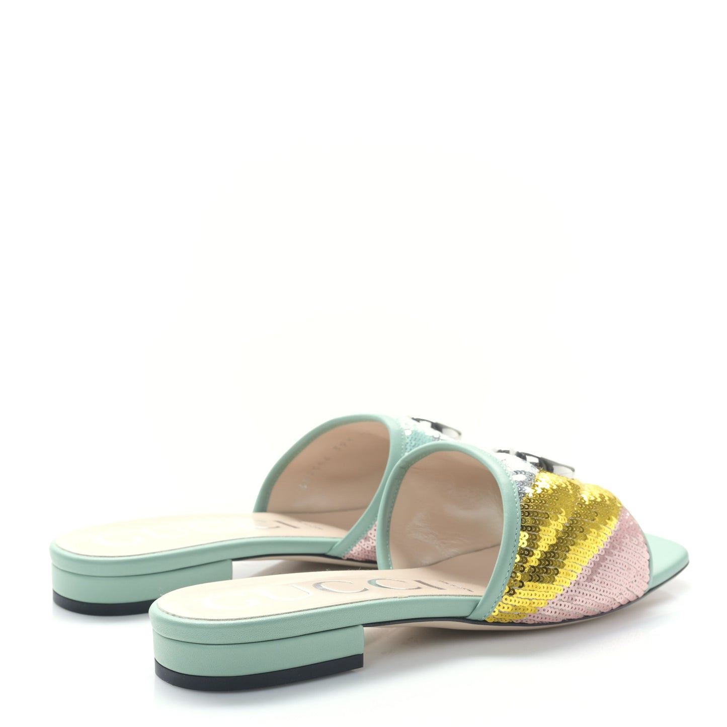 Sequin Satin Calfskin Matelasse GG Marmont Flat Slide Sandals 39.5 Grigio Argento Verde Chiaro Rosa Giallo Light Water Green