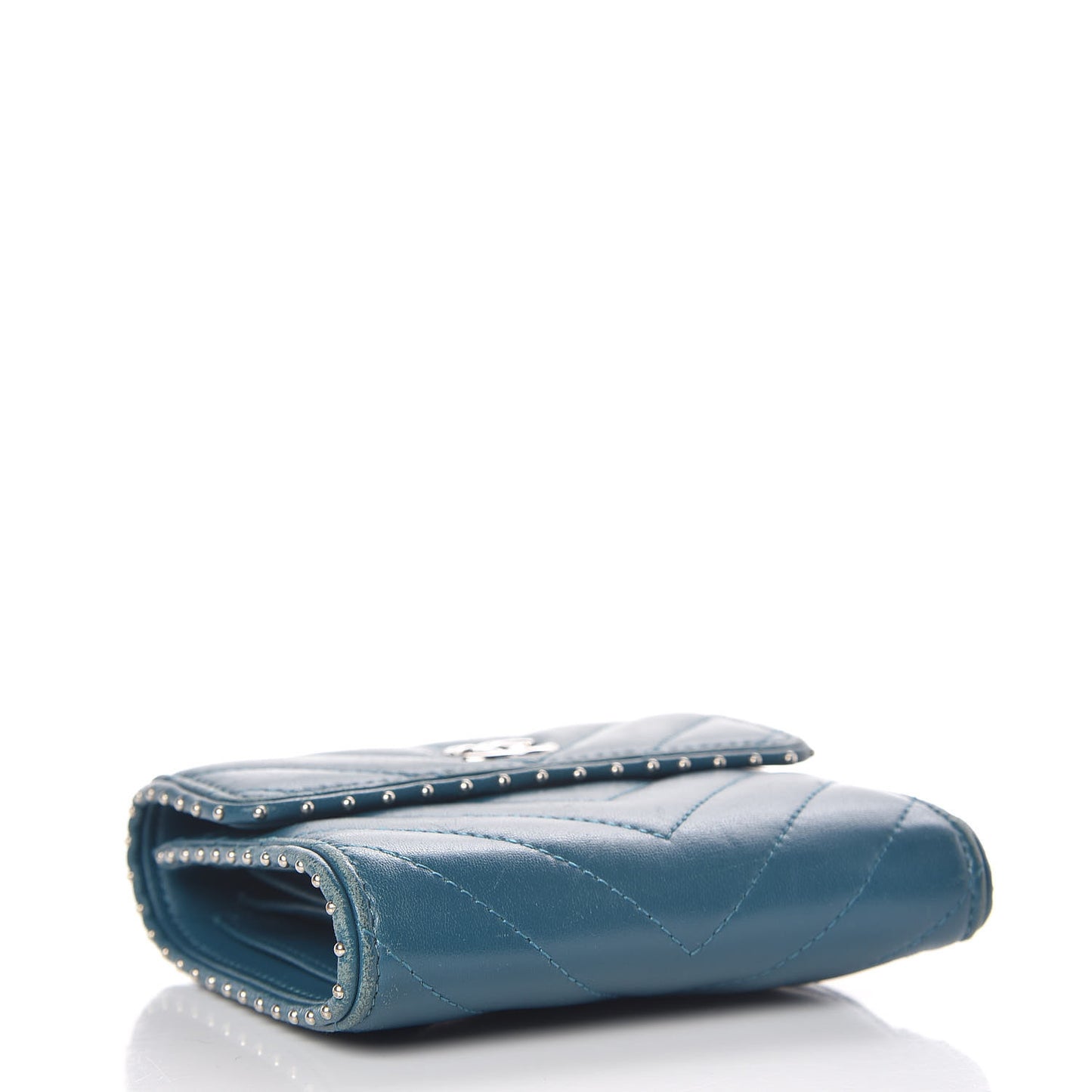 Lambskin Chevron Quilted Studded Compact Flap Wallet Blue