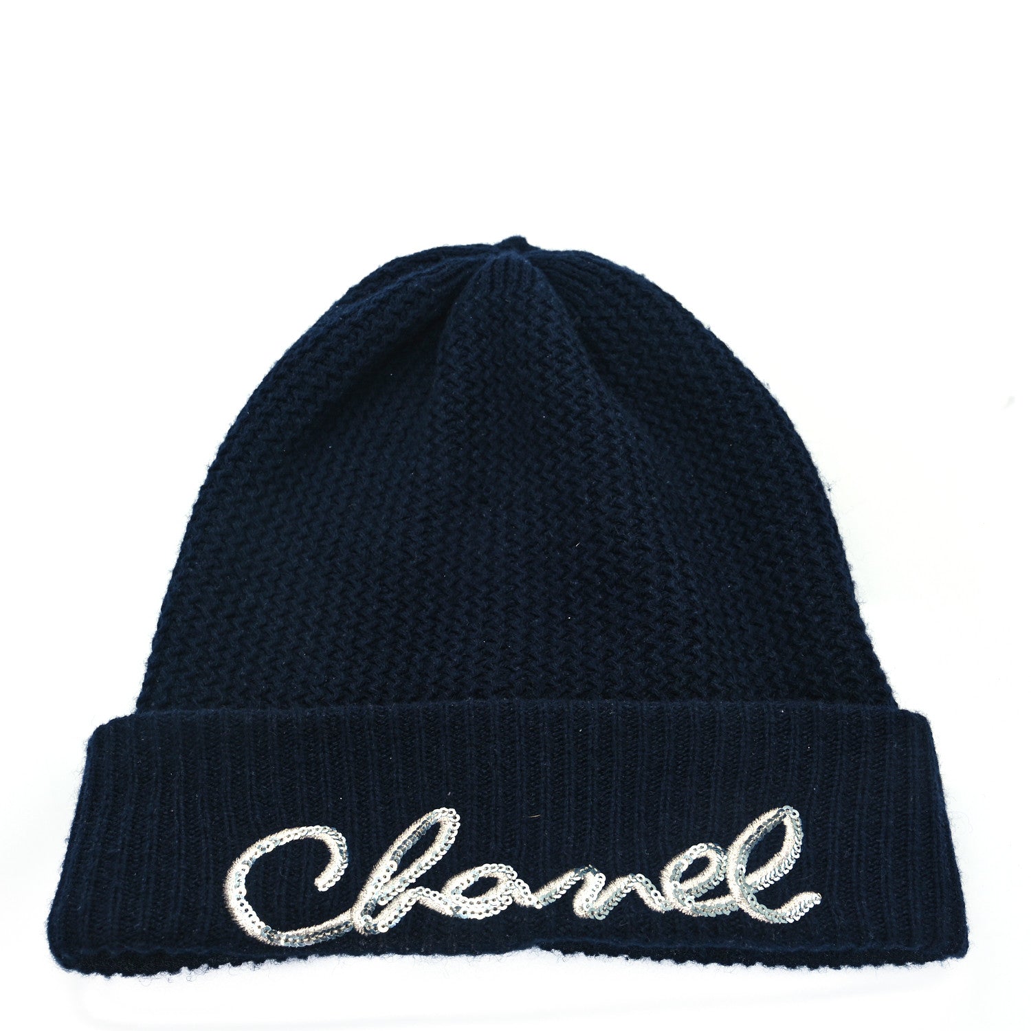 Chanel Cashmere Sequin Logo Beanie Hat Navy Silver 1 of 5