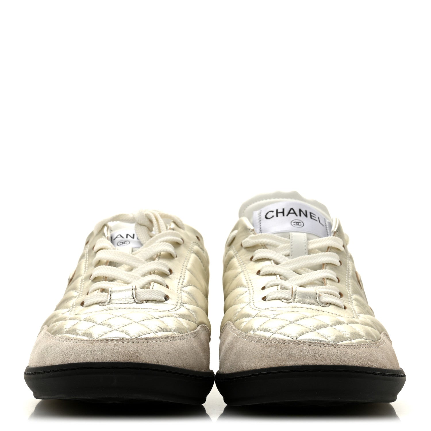 Chanel Laminated Calfskin Suede Quilted Womens CC Sneakers 39 Silver White Gray 3 of 10