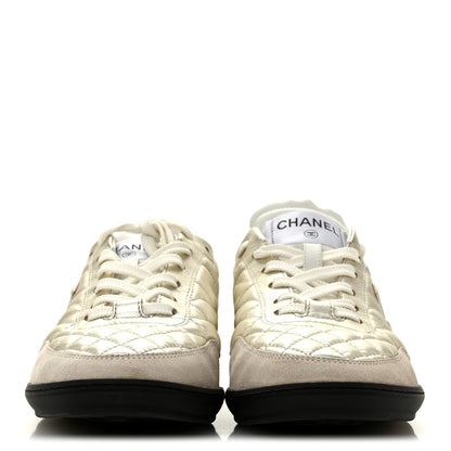 Chanel Laminated Calfskin Suede Quilted Womens CC Sneakers 39 Silver White Gray 3 of 10