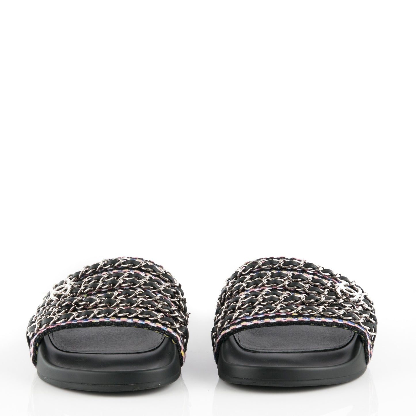 Tweed Lambskin Chain Flat Sandals 37 Black Multicolor