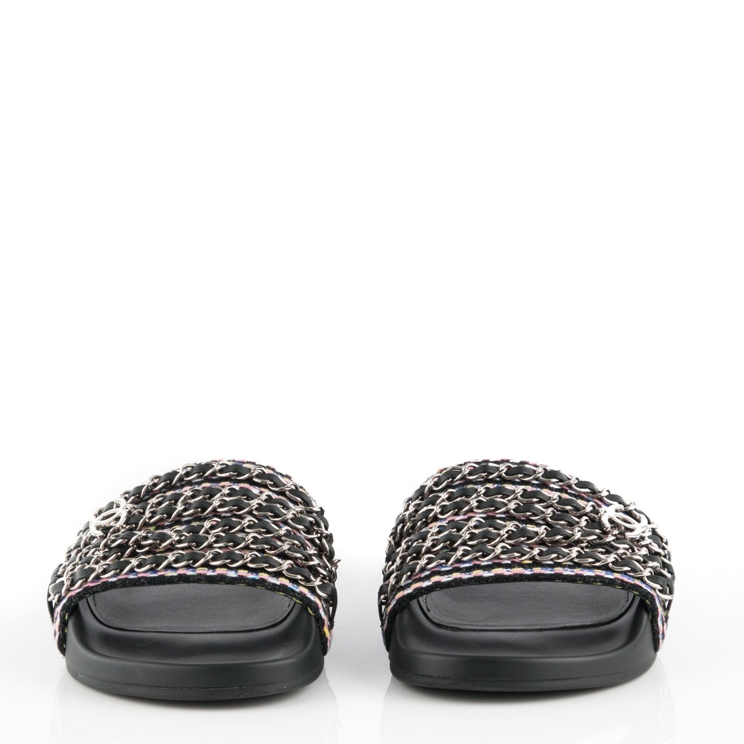 Chanel Tweed Lambskin Chain Flat Sandals 37 Black Multicolor 2 of 7