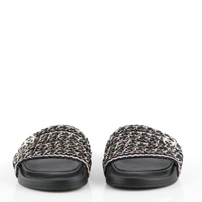 Chanel Tweed Lambskin Chain Flat Sandals 37 Black Multicolor 2 of 7