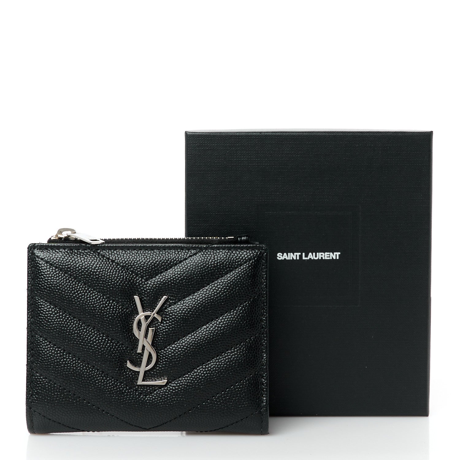 Saint Laurent Grain De Poudre Matelasse Chevron Monogram Zipped Card Case Black 10 of 10