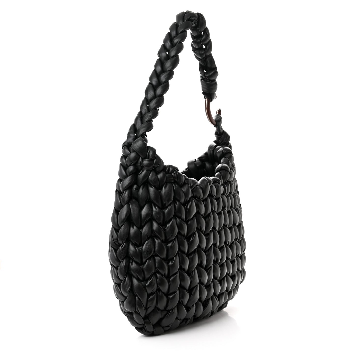 Lambskin Woven Wooden C Shoulder Bag Black