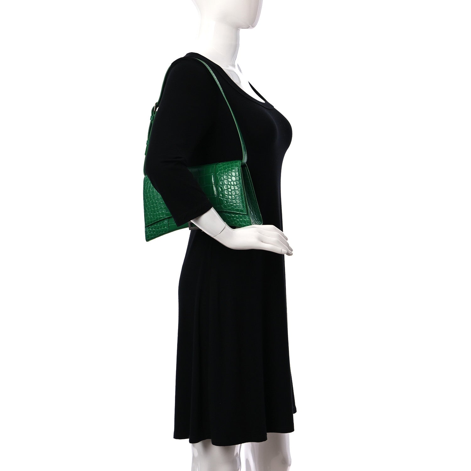 Balenciaga Shiny Calfskin Crocodile Embossed Small Hourglass Sling Shoulder Bag Leaf Green 3 of 10