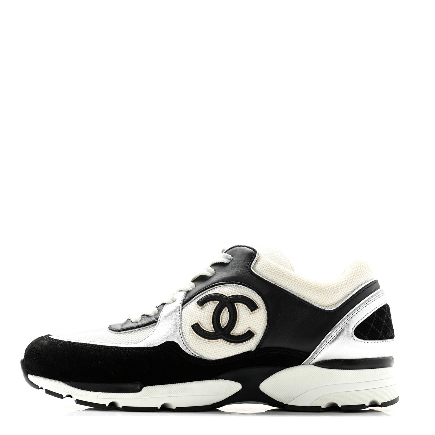 Mesh Suede Calfskin Grained Calfskin Womens CC Sneakers 40 Black White Silver