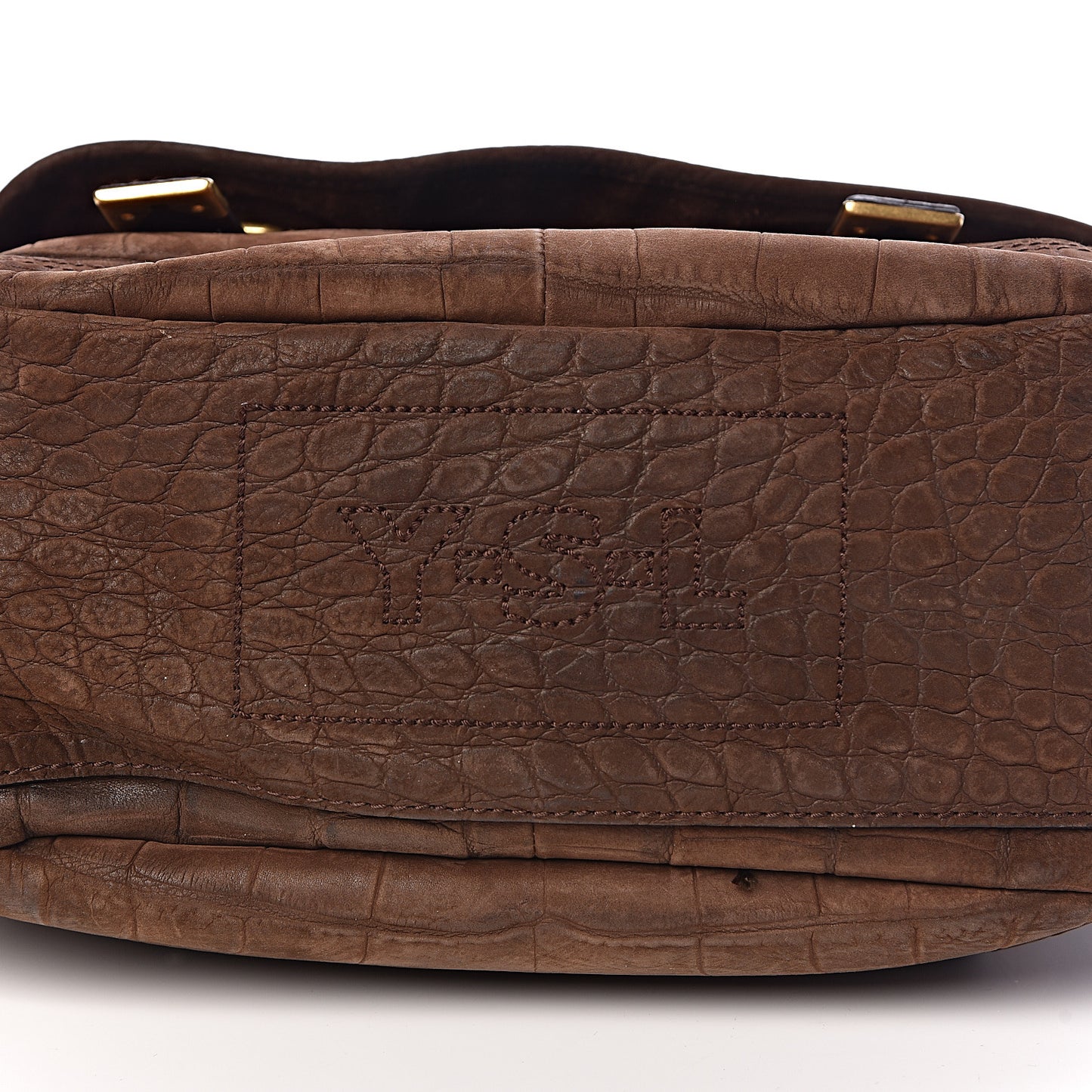 Crocodile Embossed Nubuck Besace Shoulder Bag Brown Sand