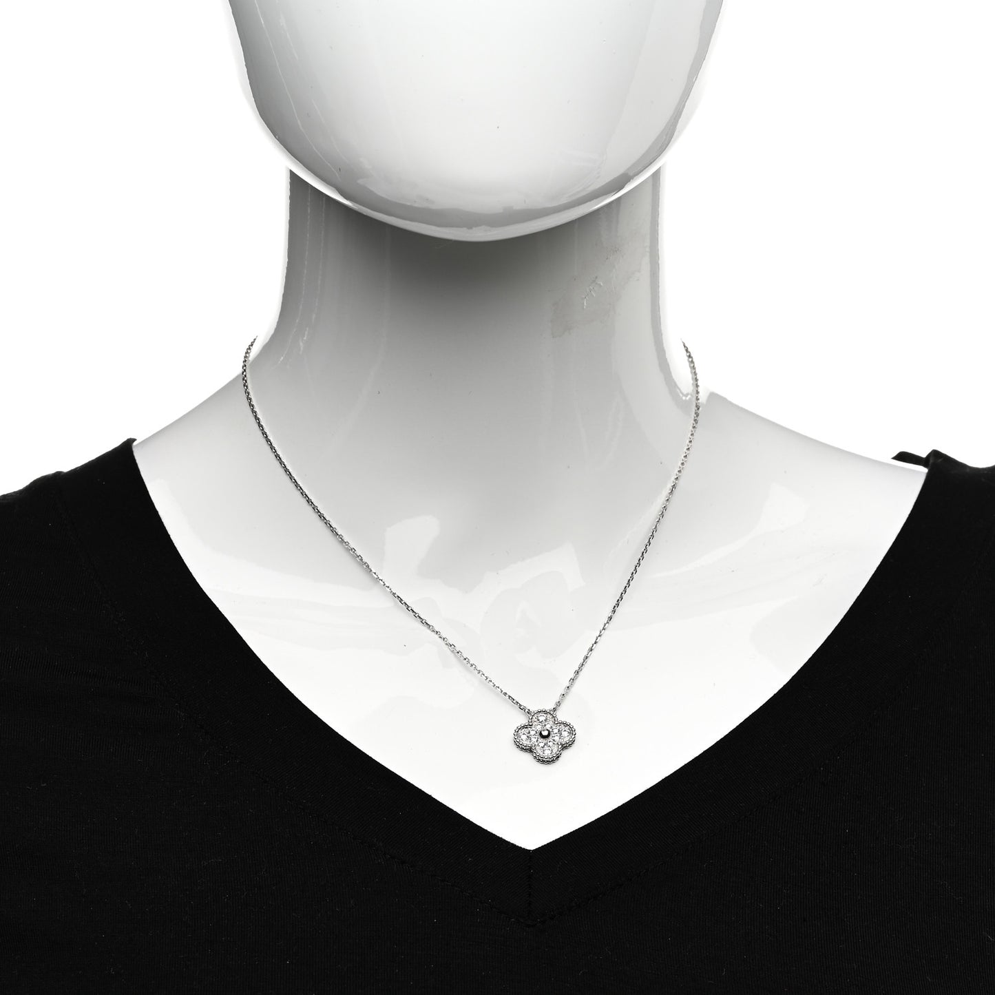 18K White Gold Diamond Vintage Alhambra Pendant Necklace