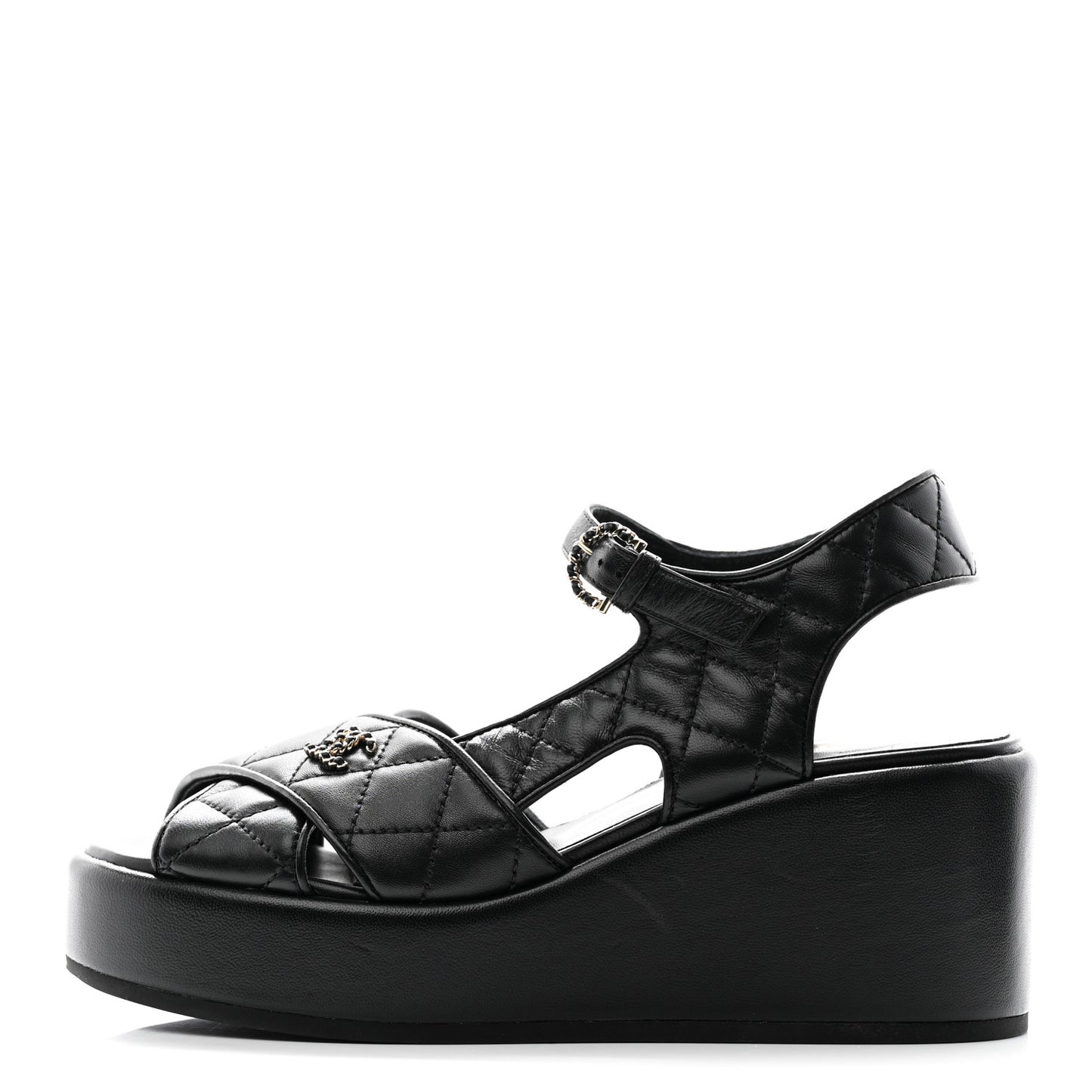 Lambskin Quilted Peep Toe Wedge Sandals 36.5 Black