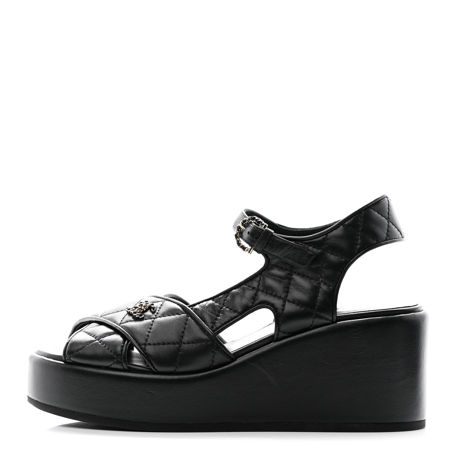 Chanel Lambskin Quilted Peep Toe Wedge Sandals 36.5 Black 1 of 19