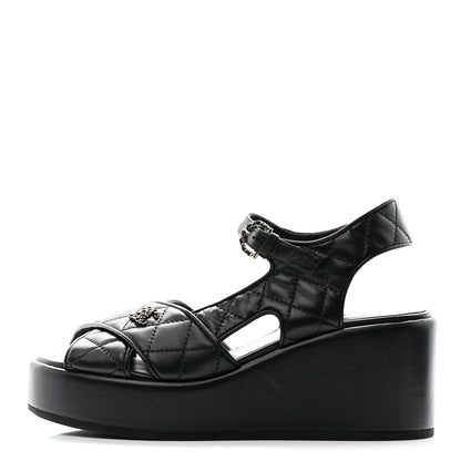 Chanel Lambskin Quilted Peep Toe Wedge Sandals 36.5 Black 1 of 19