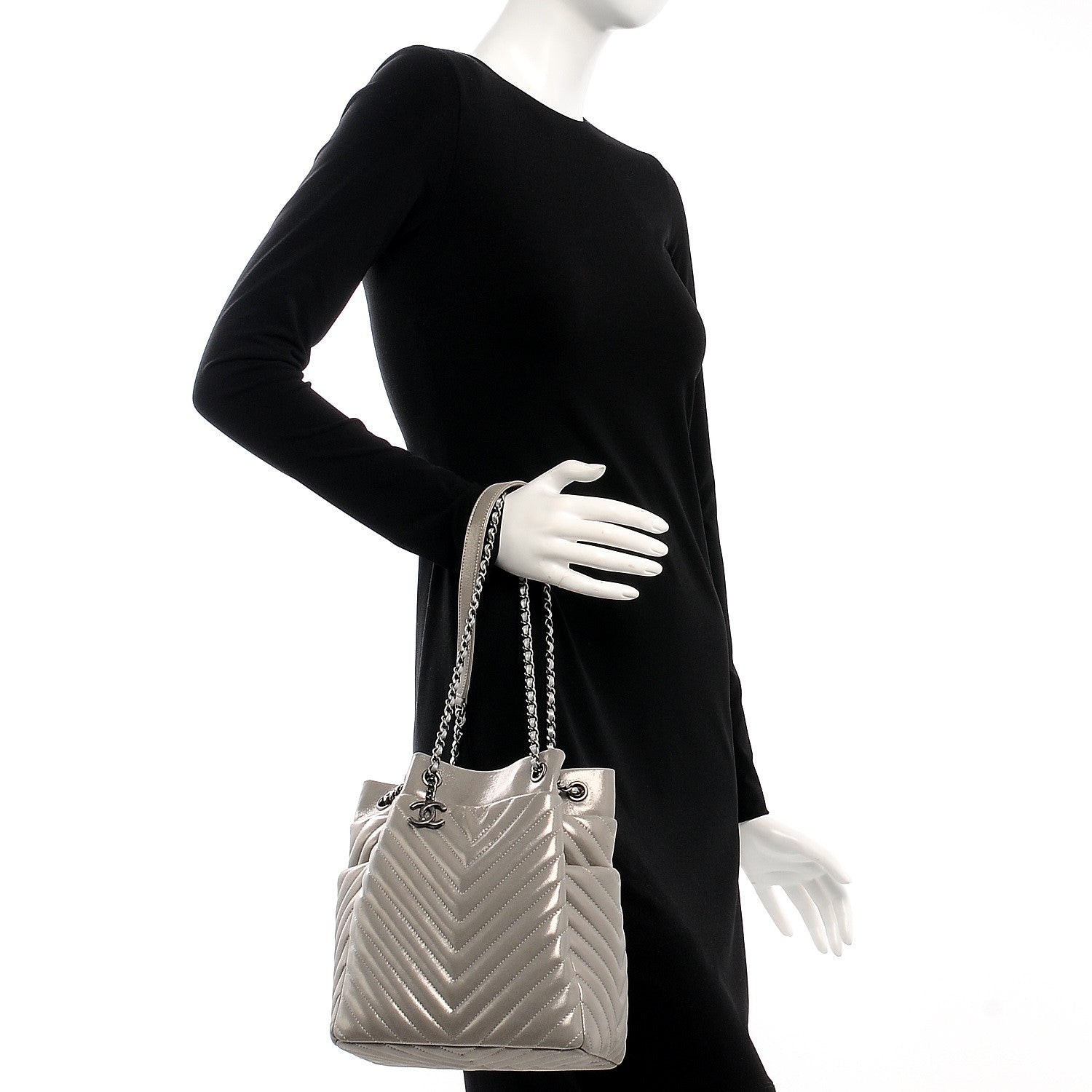 Chanel Iridescent Calfskin Chevron Small Urban Spirit Drawstring Bag Silver 2 of 7